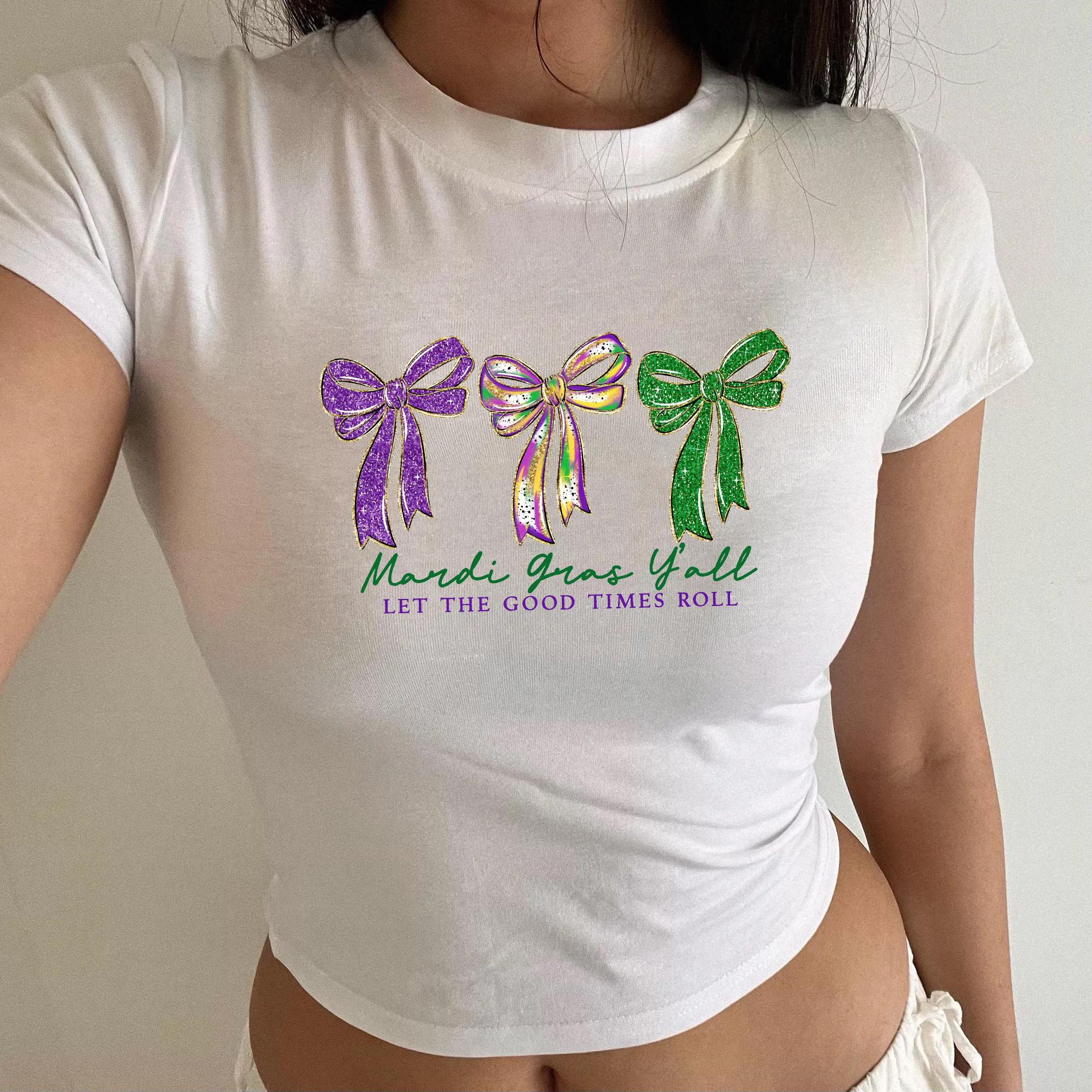 Preppy Mardi Gras Y’all Baby Tee, Fleur De Lis Coquette CropTop