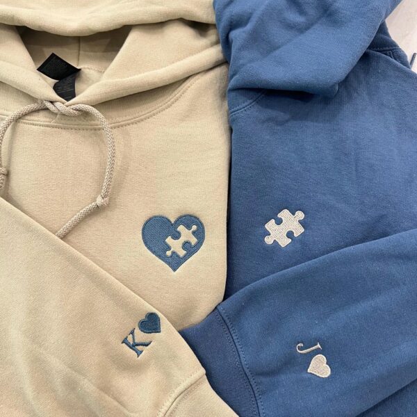 Custom Embroidered Hoodie With Heart & Puzzle, Valentine Embroidered Sweatshirt