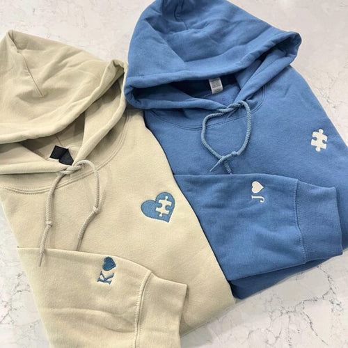 Custom Embroidered Hoodie With Heart & Puzzle, Valentine Embroidered Sweatshirt