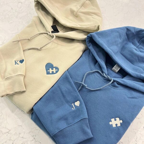 Custom Embroidered Hoodie With Heart & Puzzle, Valentine Embroidered Sweatshirt