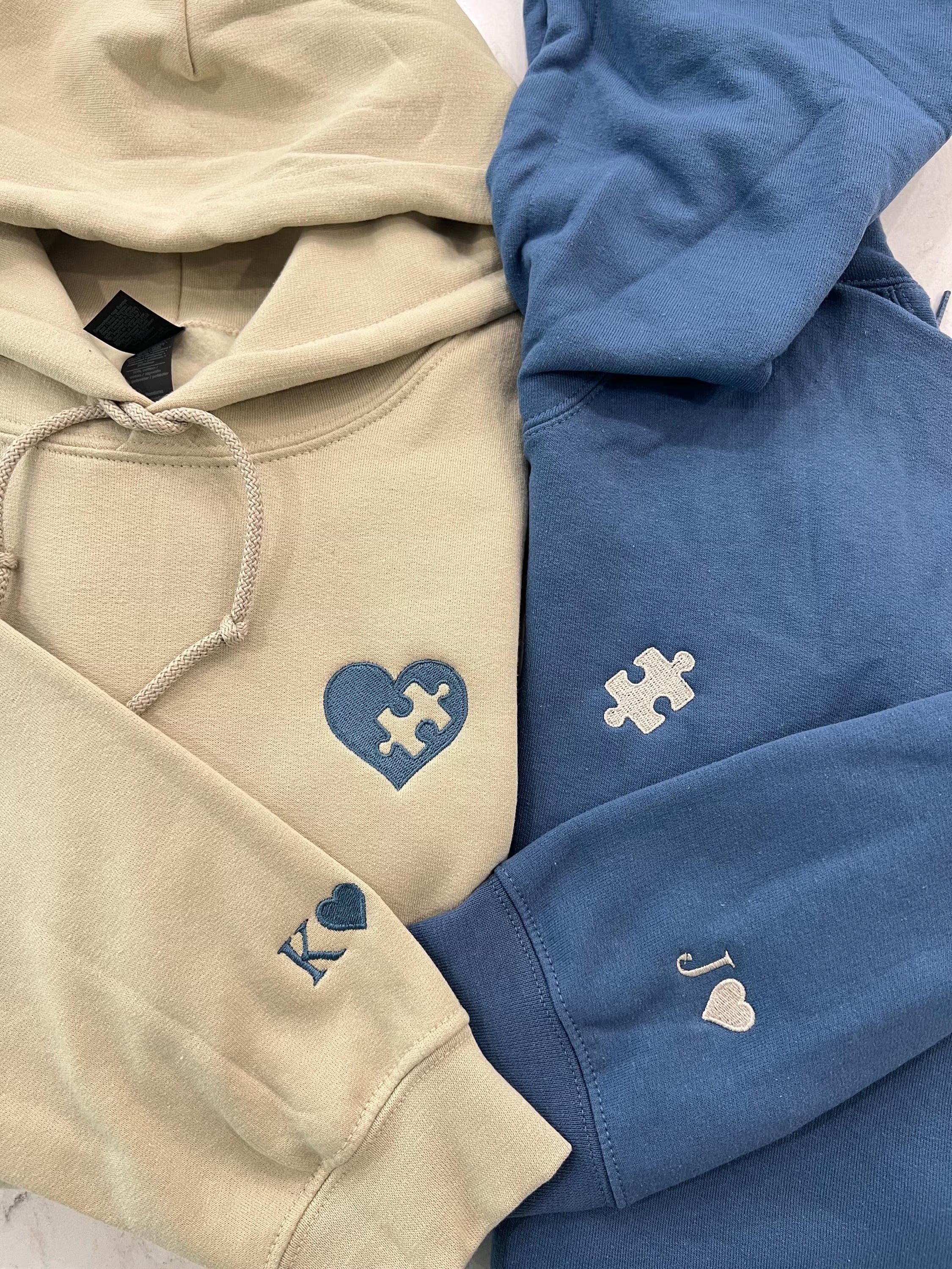 Custom Embroidered Hoodie With Heart & Puzzle, Valentine Embroidered Sweatshirt