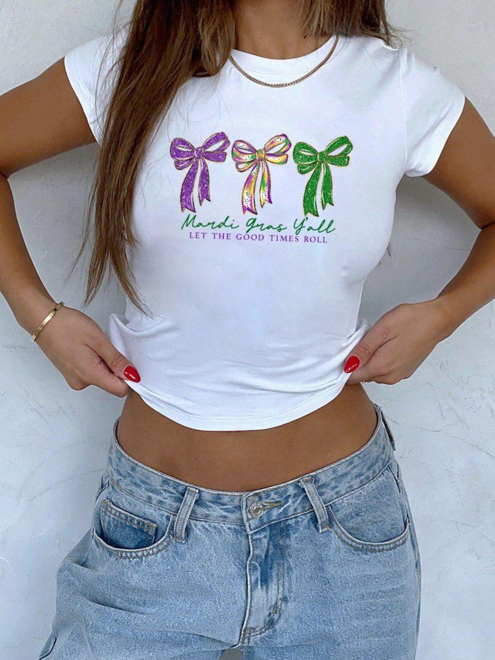 Preppy Mardi Gras Y’all Baby Tee, Fleur De Lis Coquette CropTop