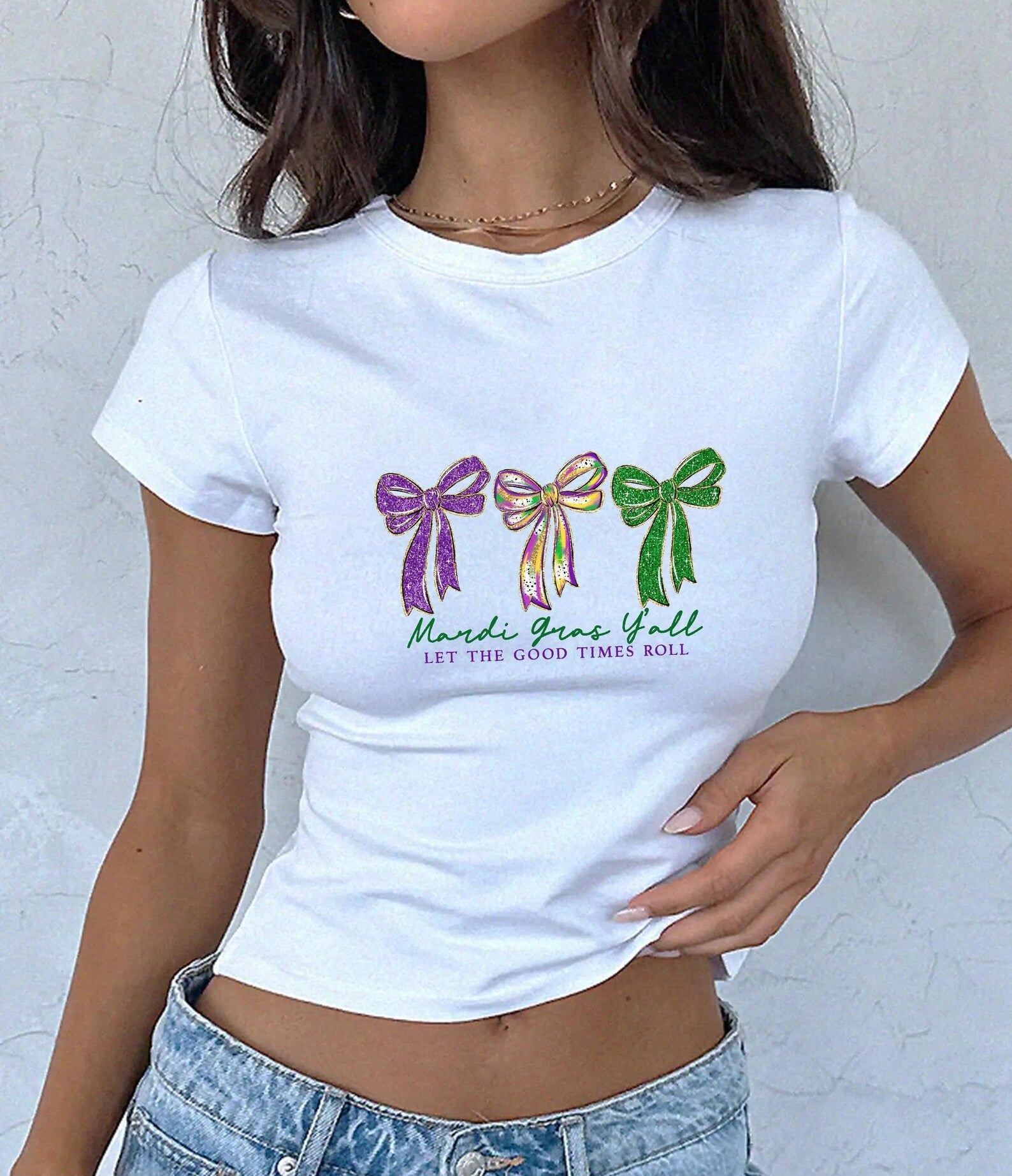 Preppy Mardi Gras Y’all Baby Tee, Fleur De Lis Coquette CropTop