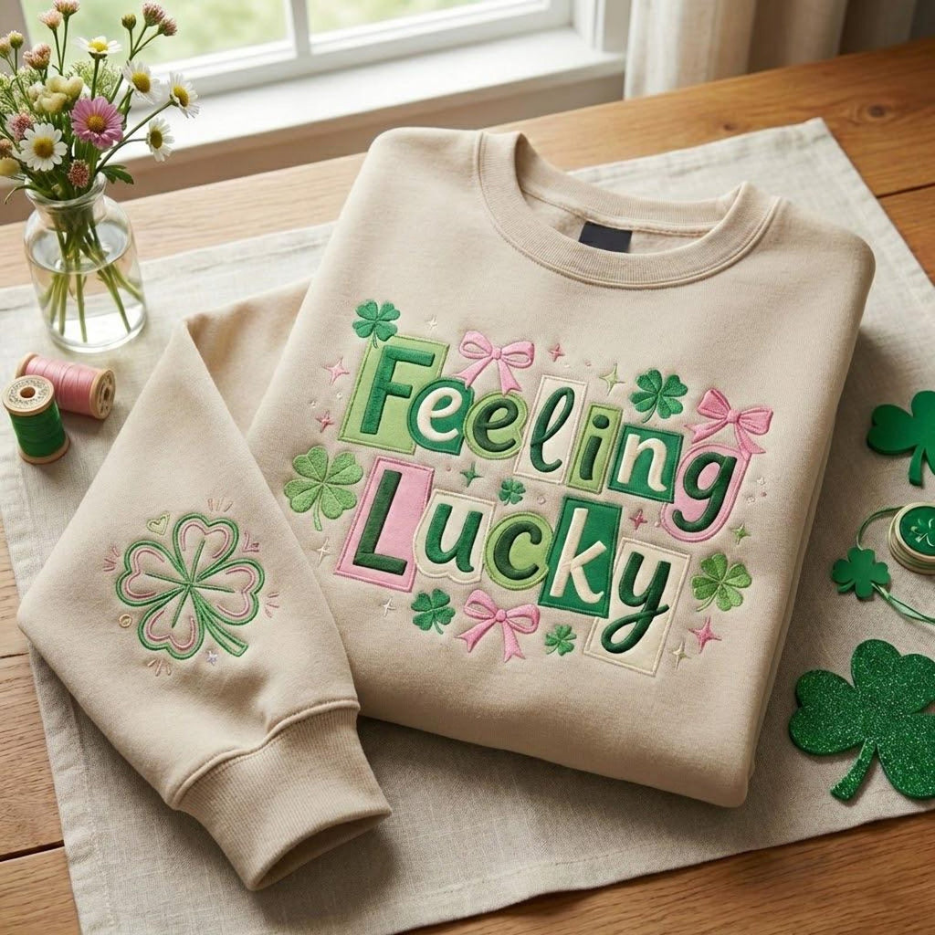 Embroidered Feeling Lucky Sweatshirt, St Patrick Day Crewneck