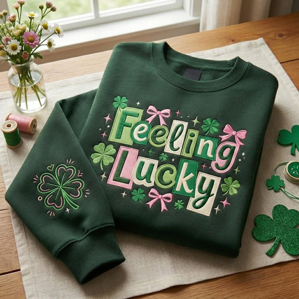 Embroidered Feeling Lucky Sweatshirt, St Patrick Day Crewneck