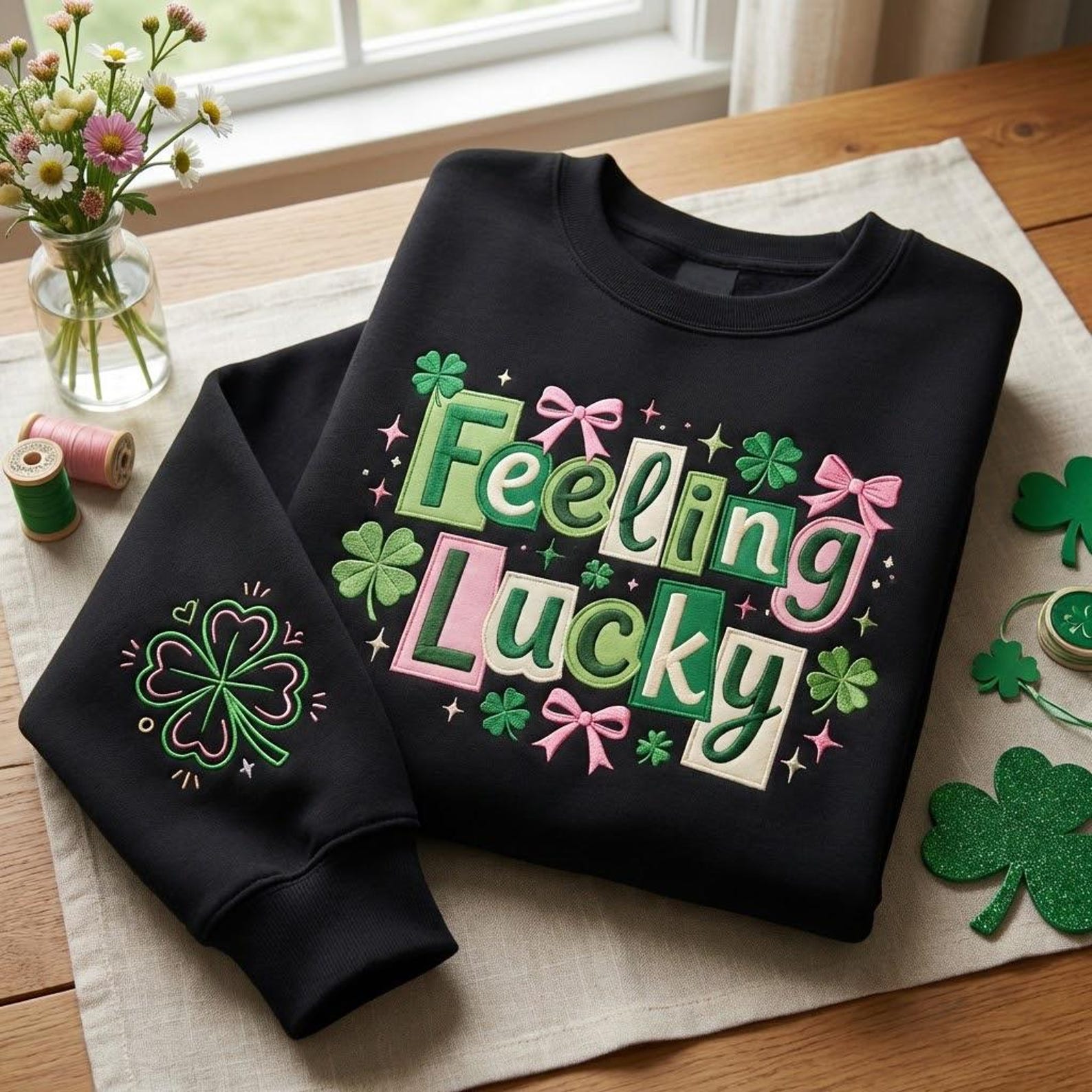 Embroidered Feeling Lucky Sweatshirt, St Patrick Day Crewneck